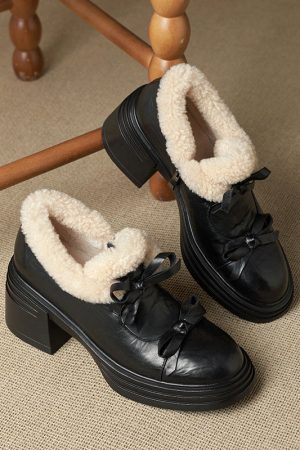 Women’s Winter Shaggy Bow-Tie Leather Pumps with 70mm Block Heel in Black