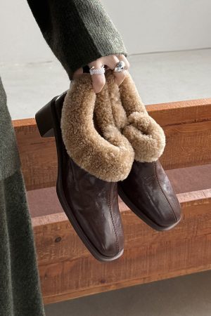 Vintage Square Toe 50mm Block Heel Pumps Side Zip Shaggy Sheepskin Leather Shoes in Black/Brown