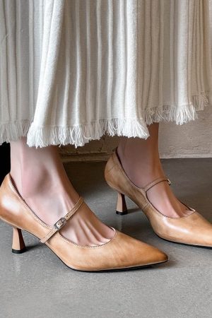 Elegant Mary Jane Pumps Pointed Toe 65mm Stiletto Leather Heels for Evening Dresses in Black/Brown/Apricot