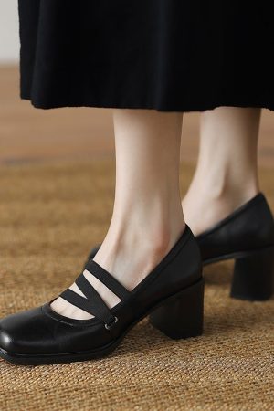 Elegant Strappy Sheepskin Square Toe Pumps with 65mm Block Heel in Black/Brown