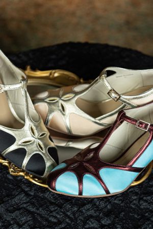 Handmade Vintage T-Strap Color-Block Mary Jane Pumps for Women Cut-Out Satin Leather in Blue/Black/Light Yellow