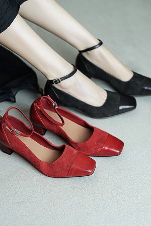 Elegant Washed Horse Leather 45mm Block Heel Suede Mary Jane Shoes in Black/Red