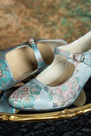 Handmade Vintage Mary Jane Jacquard Fabric Pumps Elegant Chinese Traditional Style Cheongsam Shoes in Pink/Blue/Beige