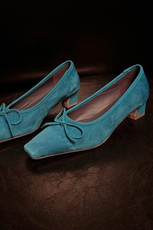 Stylish Square Toe Suede Leather Bow Pumps 38mm Office Slip-On Shoes in Black/Blue