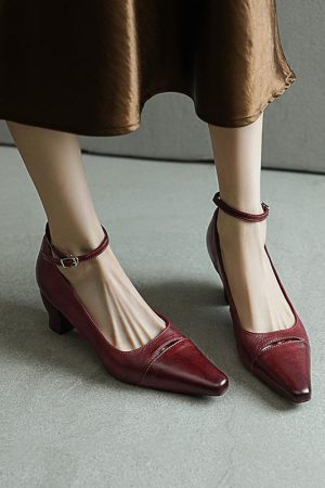 Elegant Square Toe Mid Heel Kitten Washed Horse Leather Pumps in Red/Black