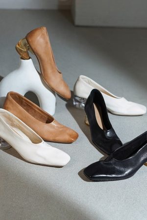 Horse Leather Low Heel Pumps For Women Leather Sole in Apricot/White/Black