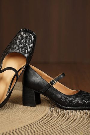 Vintage Square Toe Woven Sheepskin Mary Jane Pumps with Metal Buckle in Black/Brown