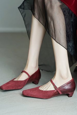 Elegant Washed Horse Leather Nubuck Mary Jane Shoes Buckle Strap Causal Pumps in Red/Black/Caramel